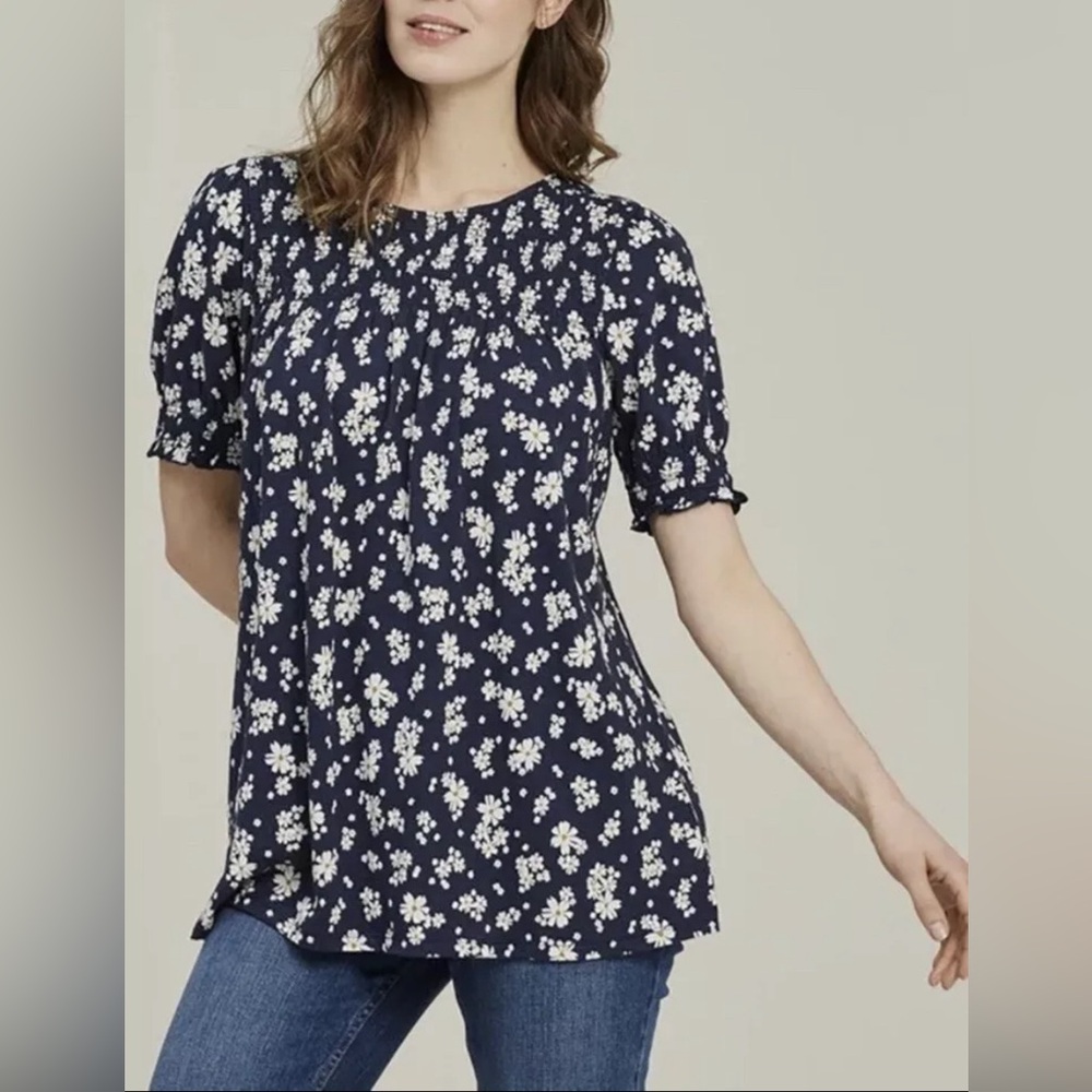 FatFace Ellen Summer Daisy Longline Navy T-Shirt Size 2 in Amazing Condition